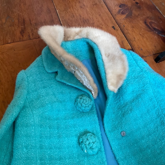 Vintage loomed lambswool suit jacket with mink collar in turquoise - Picture 10 of 14